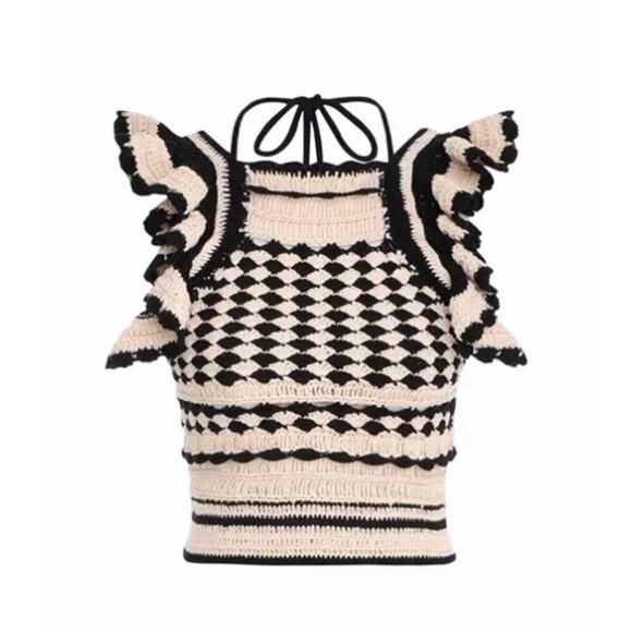 Zimmermann Anneke Halterneck Striped Crochet Crop Tank Top Shirt Cotton Size 2 - Picture 4 of 9